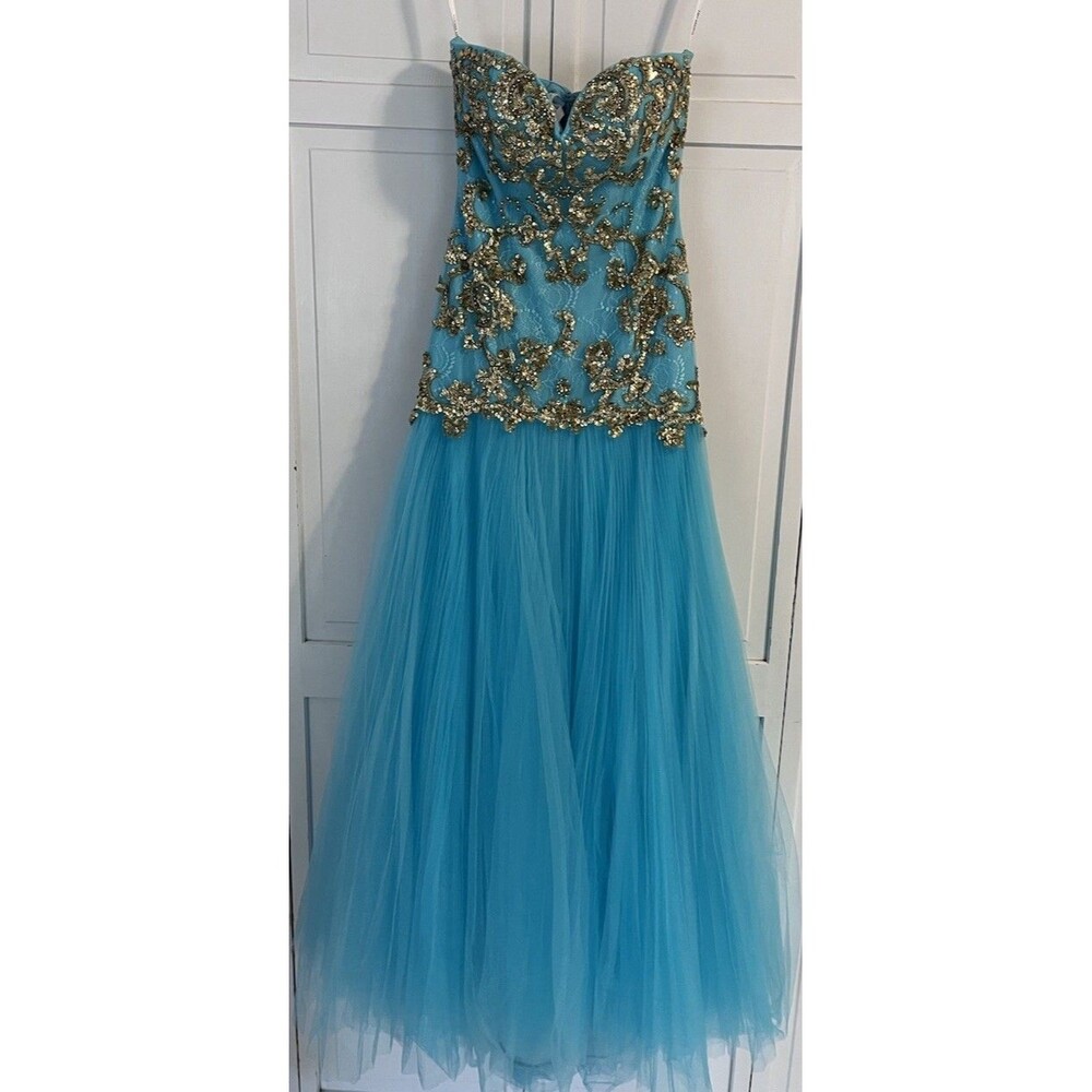 Sherri Hill Aqua/Gold Strapless Gown Style 2973 Size 4